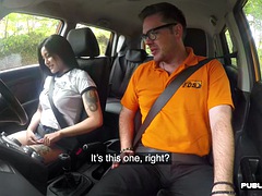 Asian driver student publicly fucked by tutor outdoors in the car