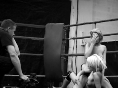 Lez beauties wrestling in a boxing ring