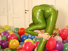 Flexy wondrous Green Rubber Catsuit blonde nude Feet & Bendy Positions