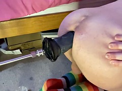 Sissy femboy Raine uses big toys on fucking machine