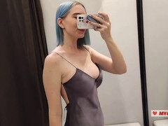 Trying out sexy outfits in the mall fitting room and teasing you to jerk off