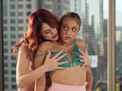Young Gia Derza and redhead Molly Stewart have lesbian sex