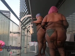 Ebony Lesbian Femdom Outdoors - big ass BBW babes toying on the balcony