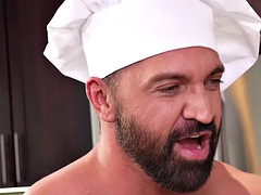 Fisting chef bangs hairy butt in the kitchen after barebacking