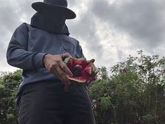 Thai Worker Cum With Watermelon