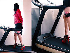 japanese chained Treadmill walking in Heels