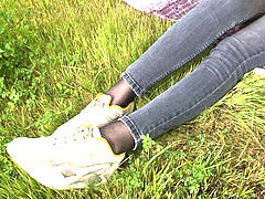 In black pantyhose in the park