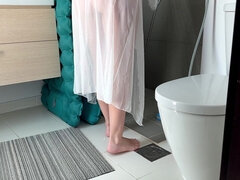 Stepmom Cleans the Bathroom in Her Sheer Dress. Slowly