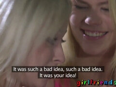 Blonde and her lesbian lover share passionate lesbian sex films while their GF watches