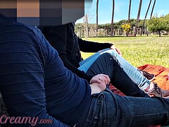 French teacher amateur handjob in public park to student with cumshot - MissCreamy