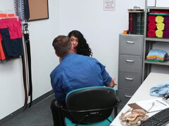 Dark haired shoplifter Jada Doll reaches a resolution that satisfies all parties with officer