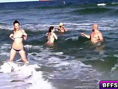 Slinky girls show their natural boobs to whip and sip