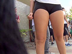 platinum-blonde In supah Tight Spandex shorts Waiting for Class
