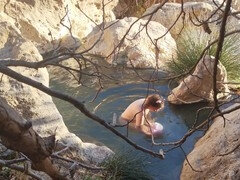 Cute sissy Wet Bibe enjoys a romantic bath in steaming springs with her girlfriend