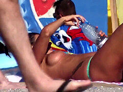 Real Amateur Big Boobs stripped to the waist milfs Close-up spycam Beach