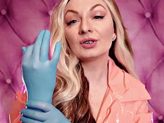 ASMR: blue nitrile gloves fetish - hot sounding - MILF in pink PVC coat Arya Grander