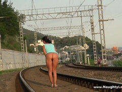 Naughty Russian MILF Lada - Nude on railway - Public flashing & nudity outdoors