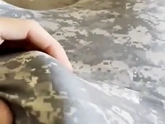 Army soldier jerks off in his wrestling jersey and cums through it!