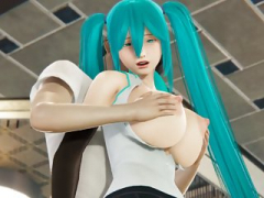 Miku gets her titties massaged, her anal licking and a big dildo in her pussy.