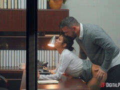 Bosomed secretary spreads her legs wide open for Manuel's cock