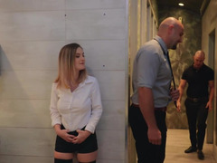 Sexy restroom attendant provokes the bald customer to fuck her
