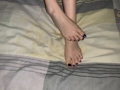 Intimate night spent worshipping blue-painted toenails for foot fetish lovers