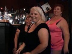 Three big beautiful women have fun in the porky bar