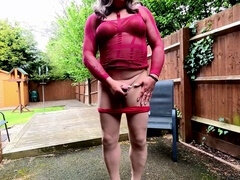 crossdresser kellycd jacking outdoors in the garden and cuming over her undies