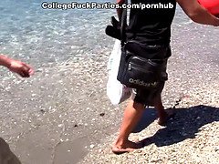 Bikini girls doing college blowjob and fucking on the beach