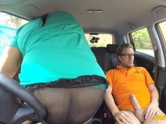 Phony Driving Class - Curvy Ebony BBW strips off her oversized panties and has sex in a car