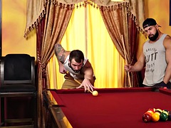 Muscle ripped bareback on the pool table before a creampie