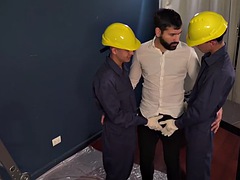 3some Latin twink workers in gloves barebacked by boss