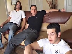 Three guys fuck this gorgeous brunette and give her three big loads on her face